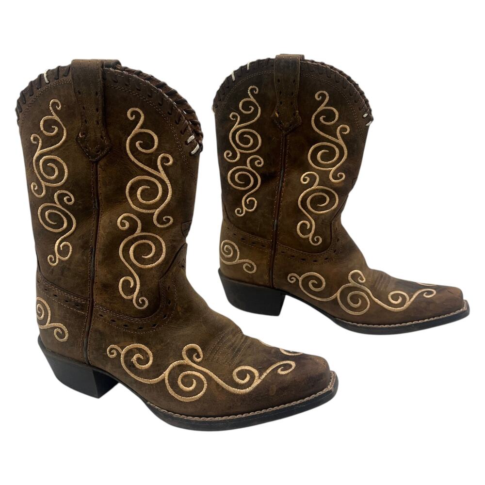 Ariat Kids Heritage Western Cowboy Boots Brown Leather Embroidered Size 13 Girls